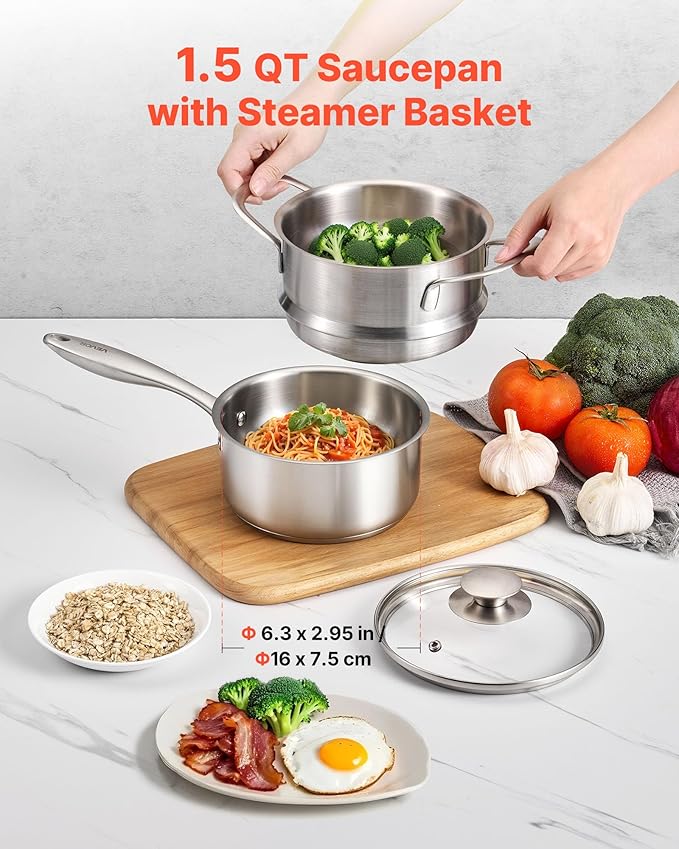VEVOR 1.5 QT Saucepan with Steamer, Stainless Steel Saucepan with Glass Lid, Multipurpose Nonstick Stainless Steel Sauce Pot with Ergonomic Handle, Friendly for Oven, Dishwasher, Induction Cooker