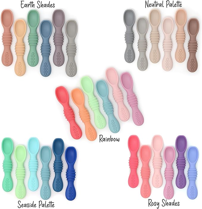 PrimaStella Silicone Chew Spoon 6-Piece Set | First Stage Feeding Spoons | Baby Led Weaning Supplies | BPA Free | Dishwasher and Boil Safe | Neutral Palette