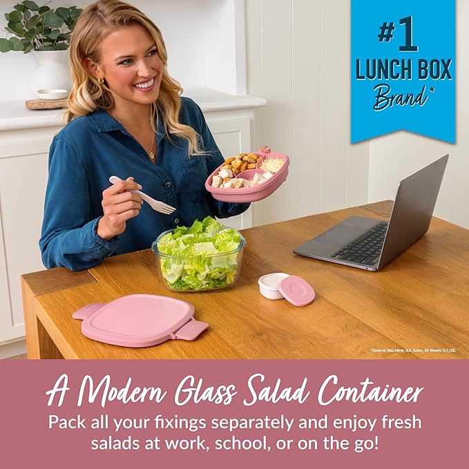 Bentgo Glass All-in-One Salad Container - Large 61-oz Salad Bowl with Lid, 4-Compartment Bento-Style Tray, 3-oz Sauce Container, and Reusable Fork - Dishwasher, Microwave, and Oven Safe (Rose)