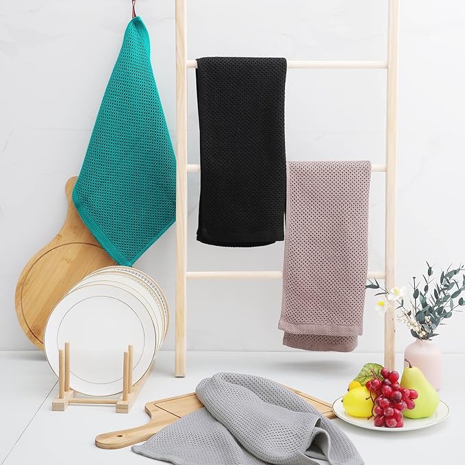 Homaxy 100% Cotton Waffle Weave Kitchen Dish Towels, Ultra Soft Absorbent Quick Drying Cleaning Towel, 13 x 28 Inches, 8-Pack, Black