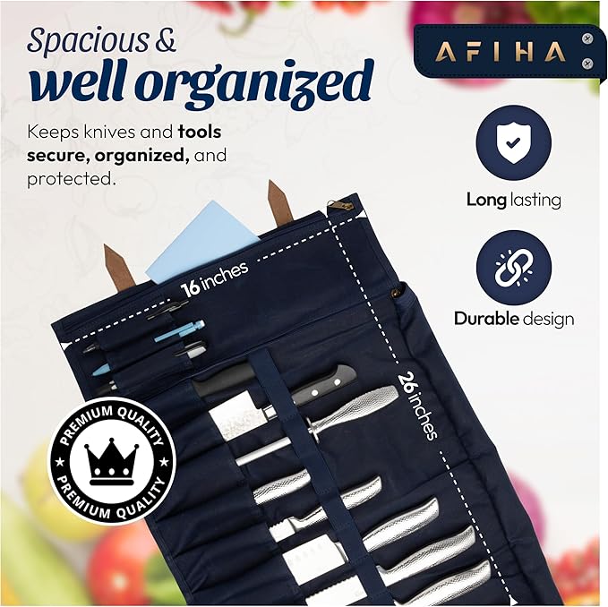 Chef’s Knife Roll Bag with 100% Top Grain Leather Knife Roll Bag with Waxed Canvas & Zippered Cover | Adjustable Strap with 9 knives Slots, Extra Storage & Pocket | US Brand