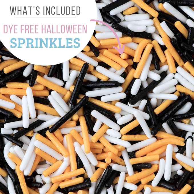 Sweets Indeed Dye-Free Halloween Frosting & Sprinkles Set – 8.22 oz | 2 Frosting Tubes (Orange & Black) + 2 Decorating Tips + 2 oz Sprinkle Mix (Black, Orange & White) | No Artificial Dyes Cupcake & Cookie Decorating Kit