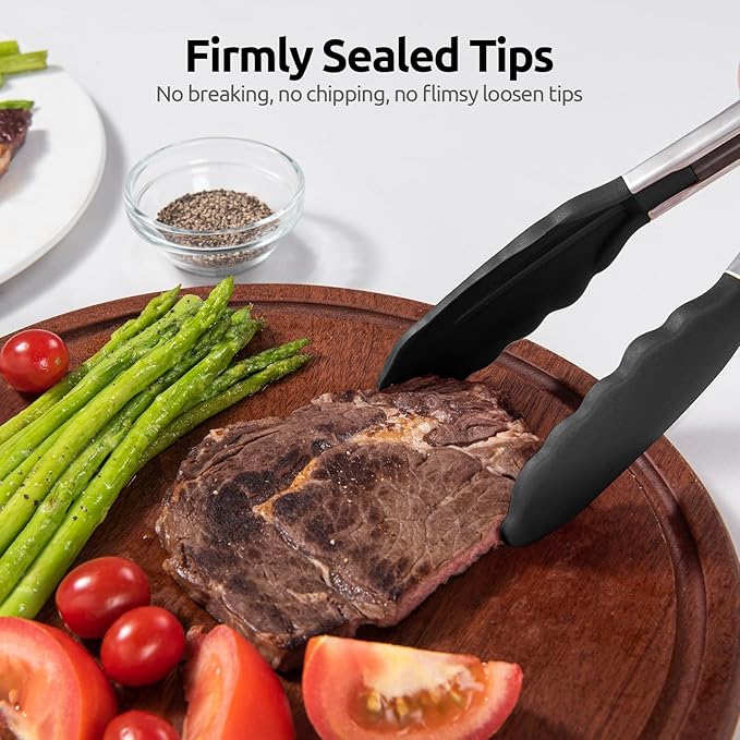 480ºF Heat Resistant Kitchen Tong: U-Taste 7 inch Silicone Cooking Tong with Firm Sealed Non Stick Rubber Tips & Silicon Coated 18/8 Stainless Steel Handle & Smooth Locking for Serving Salad (Black)