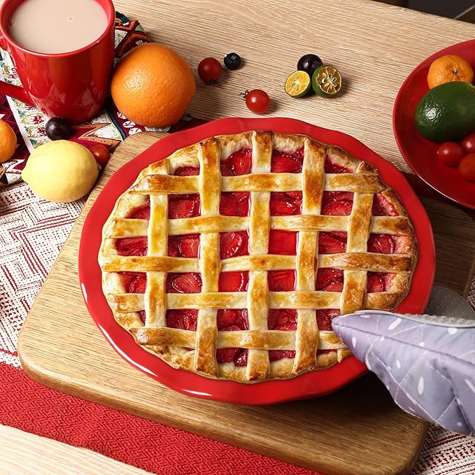 vicrays Ceramic Pie Pan for Baking - 9 inch Pie Plate, Round, Fluted and Deep Pie Dish for Tart, Pizza, Apple Pie, Quiche, Pot Pies, Cake - Reactive Glaze (Red)