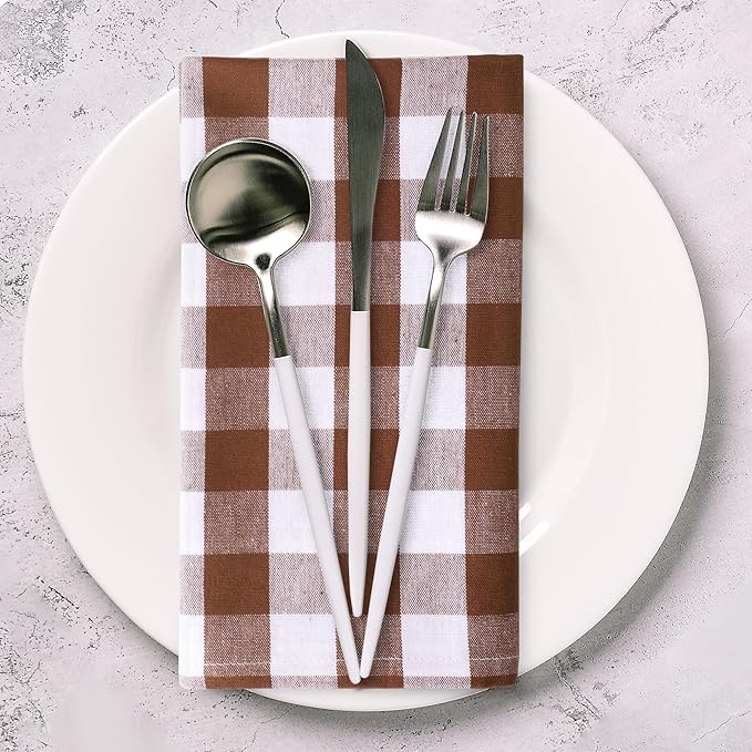 Urban Villa Cloth Napkins 100% Cotton Dinner Napkins Highly Absorbent 20x20 Inches (Set of 12) Brown White Buffalo Checks Reusable Washable Soft Durable Premium Napkins Ideal for Home Wedding Parties