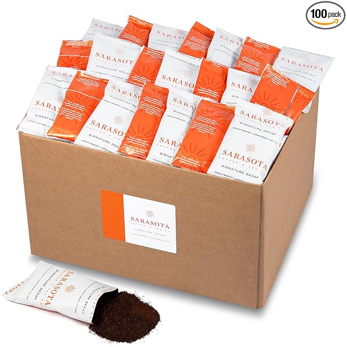Sarasota Coffee Packs Bulk Ground Packets | Decaf | Gourmet Decaffeinated Assorted Gift Set Sampler | Low Acid Mold Free Single Pot Individual Pouches for 12 Cup Coffee Maker | 1.75 Oz Bags, 100 Count