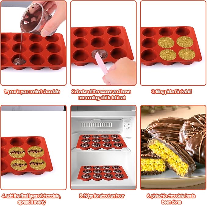 Mity rain Chocolate Bar Mold Deep, Silicone Dubai Chocolate Bar Pistachio Molds with Bags Scraper, Round Fix Chocolate Bar Dubai Candy Bar Mold for Filling Knafeh Pistachio Cream（2pc）
