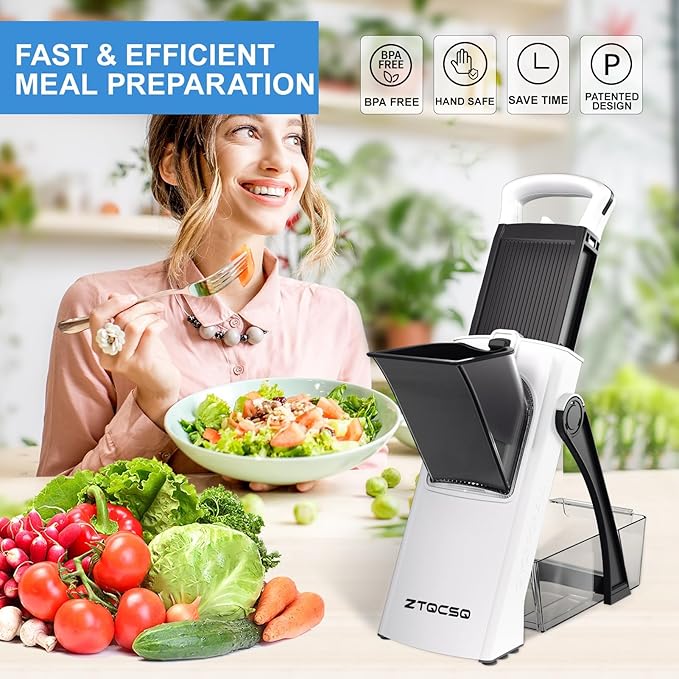 (All-in-1) Upgraded Version Mandoline Slicer for Kitchen & Adjustable Mandolin. Detachable Blade, Kitchen Veggie Chopper Cut Slicing, Strips, Shredding, Dicing, Chop (Black White)