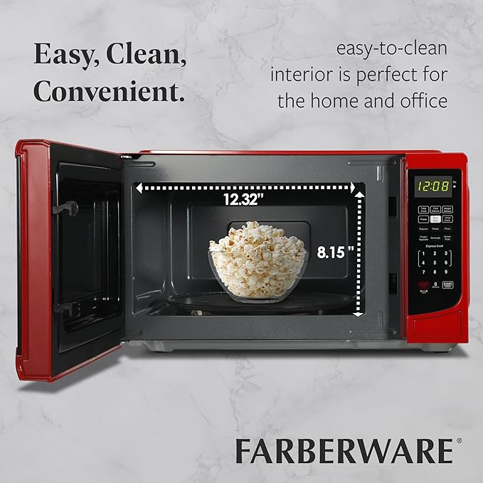 Farberware 0.7 Cu. Ft. Countertop Microwave Oven – 700 Watts Power, Auto Cook Settings, Defrost, Easy Clean and Child Safety Lock - Red