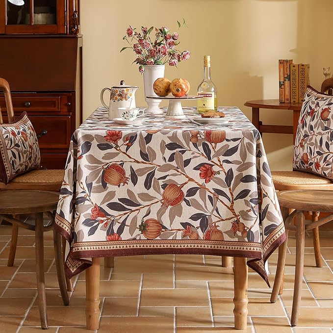 patdrea Designer Vintage Rectangle Tablecloth,Linen Pomegranates and Leaves Pattern Tablecloths,Fall Table Cover Cloth Decor for Kitchen Dining Christmas,Thanksgiving,63"x87"-Tehran a