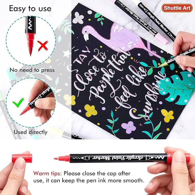 Shuttle Art 36 Colors Dual Tip Acrylic Paint Markers, Brush and Fine Tip for Rock Painting, Ceramic, Wood, Canvas, Plastic, Glass, Stone, Calligraphy, Card Making, DIY Crafts