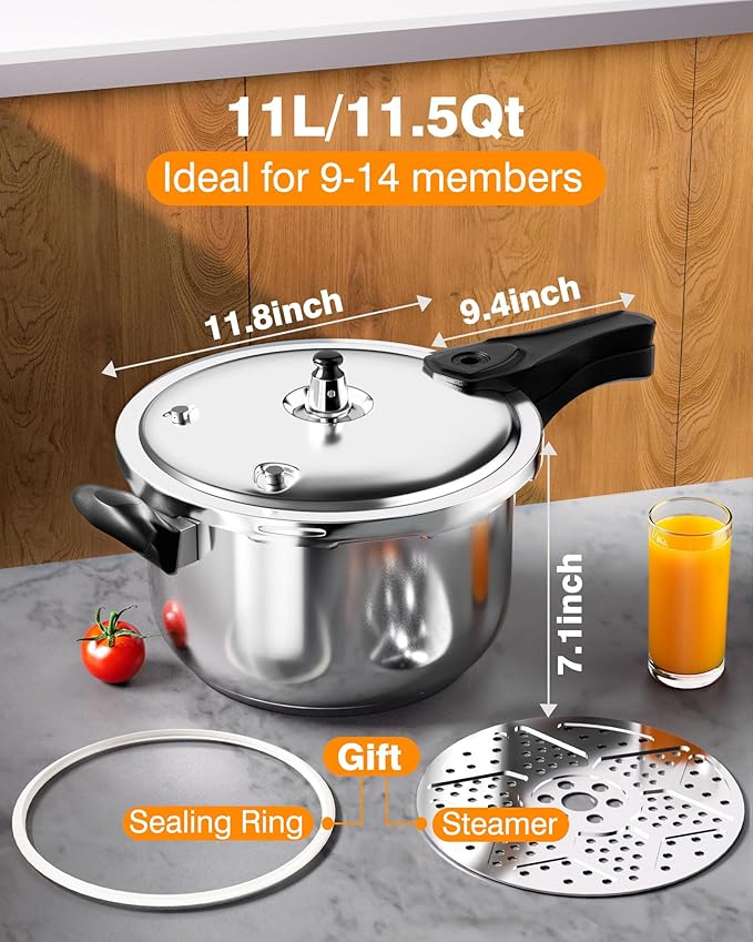 WantJoin Pressure Cooker, 11 Quart Stainless Steel Pressure Canner, Induction Compatible Cookware with Spring Valve Safeguard Devices,Compatible with Gas & Induction Cooker
