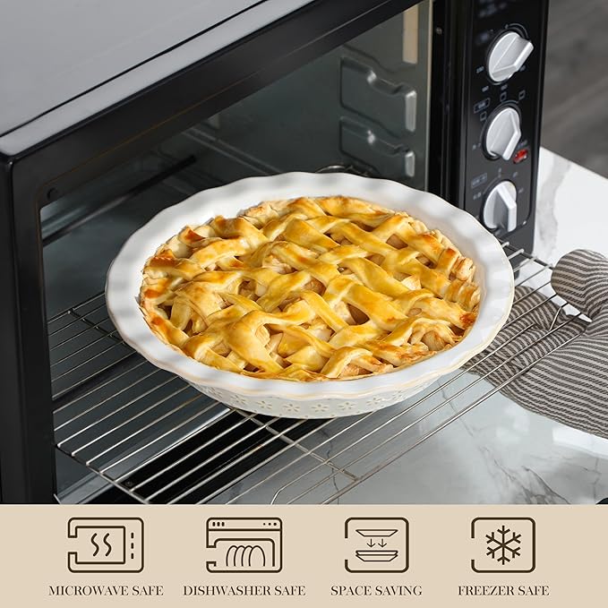 MALACASA Pie Pan, Stoneware Pie Dish for Baking, 45 OZ Deep Dish Pie Pans 9 Inch, Embossed Quiche Baking Dish for Oven, Fluted Dish Pie Plate for Apple Pie, Pot Pie and Quiche, Set of 1, Series LYDIA