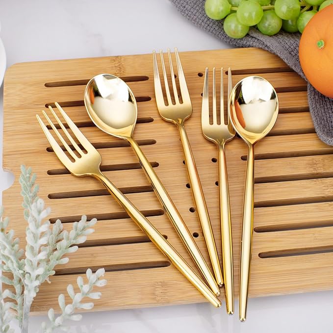 SUT 200PCS Gold Plastic Forks and Spoons Heavy Duty Set, Gold Disposable Silverware, gold Cutlery, Disposable Utensils, Plastic Flatware Includes 100 Forks, 100 Spoons for Party