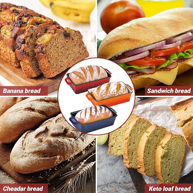9x5 Inch Enameled Cast Iron Bread Loaf Pan with Lid, Perfect Sourdough Baking Pans | Even Heat Distribution for Homemade Bread, Cake, Meatloaf，2 Piece set，Red