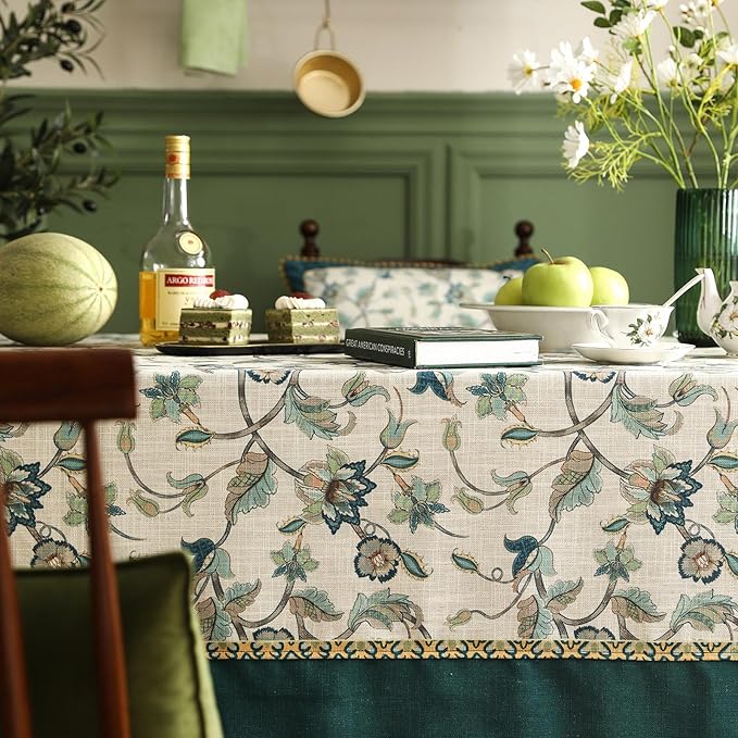 patdrea Designer Green Linen Table Cloth for Rectangle Table,Vintage Floral Pattern Durable Tablecloth,French Cover Decor for Kitchen Dining,Christmas,Thanksgiving,Tea Party,55"x79"-Noah