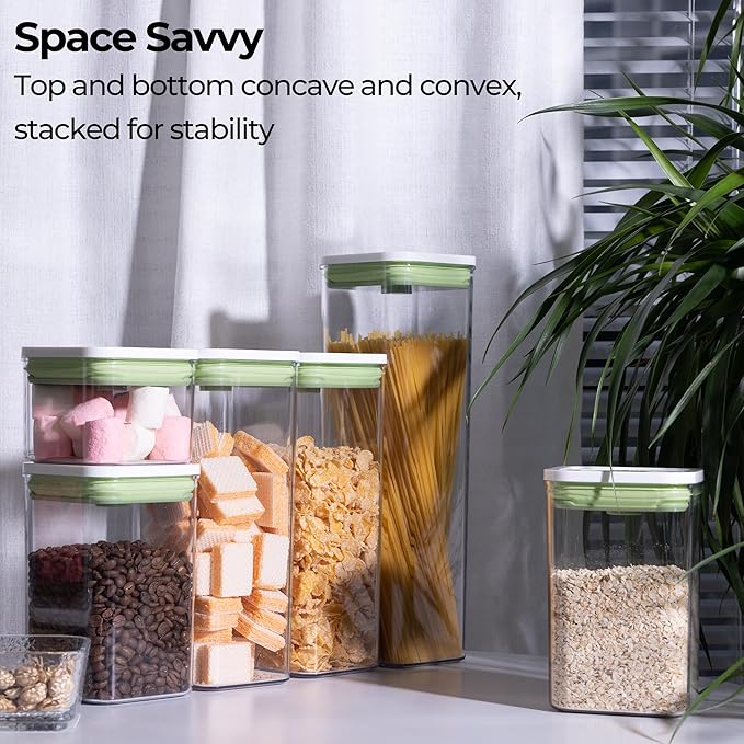linoroso Set of 4 Pop Airtight Food Storage Containers with Date Recording Lids, Stackable Plastic Kitchen Storage Containers, Dry Cereal Container Set for Pantry Countertop Fridge Organization