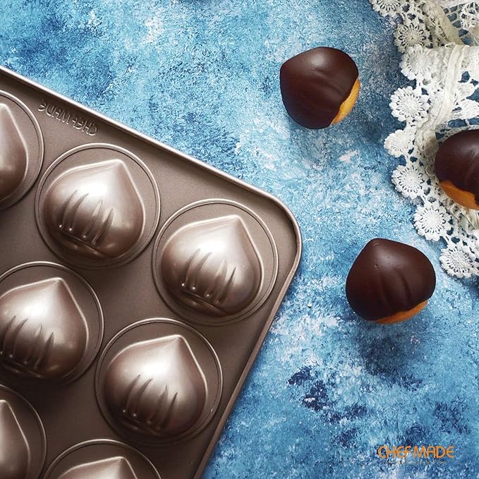 CHEFMADE Muffin Cake pan, 12-Cavity Non-Stick Chestnut-Shaped Bakeware for Oven Baking (Champagne Gold)