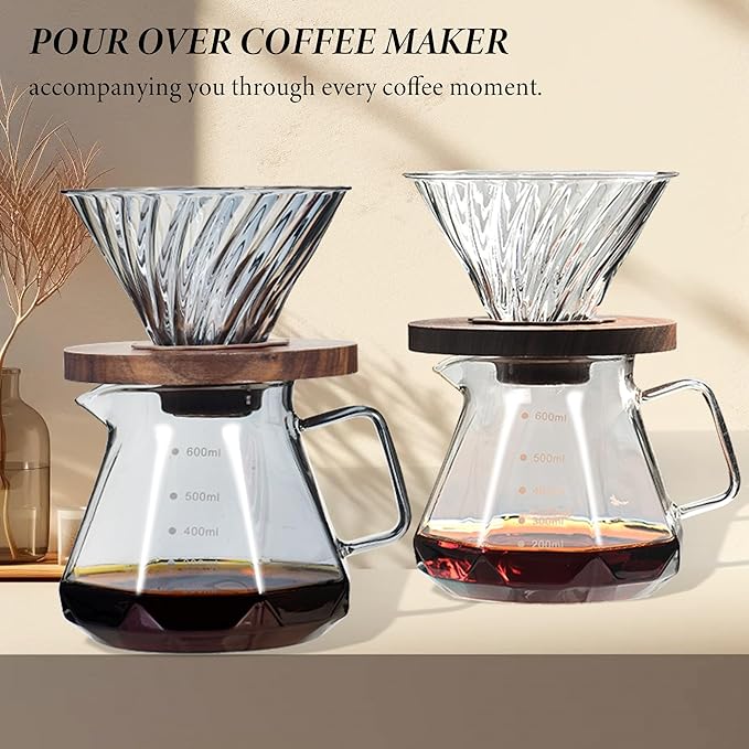 Upgrade Pour Over Coffee Maker - 20 OZ /600ML Borosilicate Glass Coffee Maker with Glass Coffee Dripper, Stylish Elegant Drip Coffee Maker for Home Cafe Restaurant Camping, 600 ml, Clear