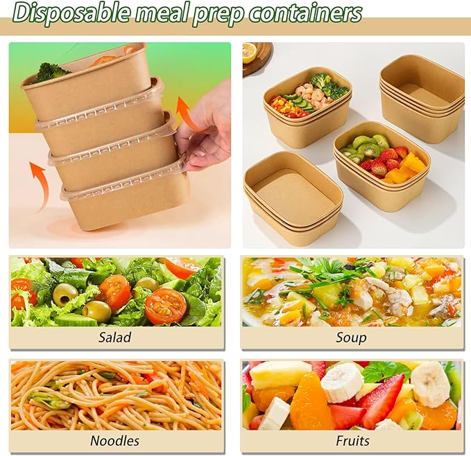 50-Pack 35oz Disposable Kraft Paper Bowls【with Lids and Forks】, Large Meal Prep Containers To Go Food Prep Containers, Leakproof Paper Bowls Treat Soup Serving Bowl, Microwave Safe for Hot/Cold Food
