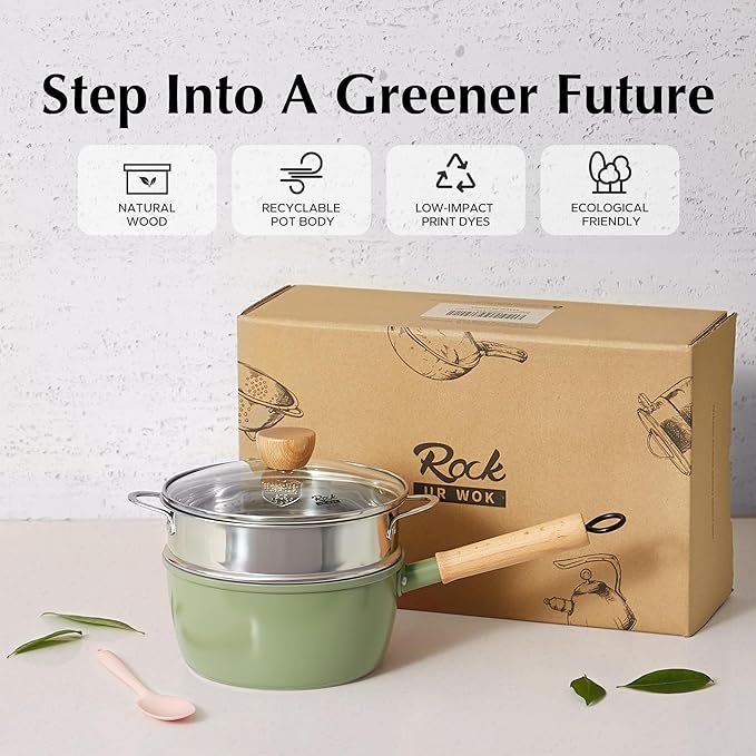 ROCKURWOK Ceramic Nonstick Sauce Pan, 3 QT Pot with Steamer, Non Toxic & PFAS-Free, Wooden Handle for Cool Touch, Universal Base(Gas, Electric & Induction), Green