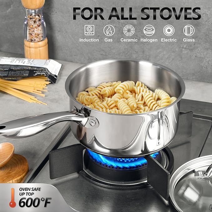 MICHELANGELO 3 Quart Saucepan with Lid, 18/10 Stainless Steel Sauce Pan with Tri-Ply Bottom, 3QT Sauce Pot, Induction Compatible