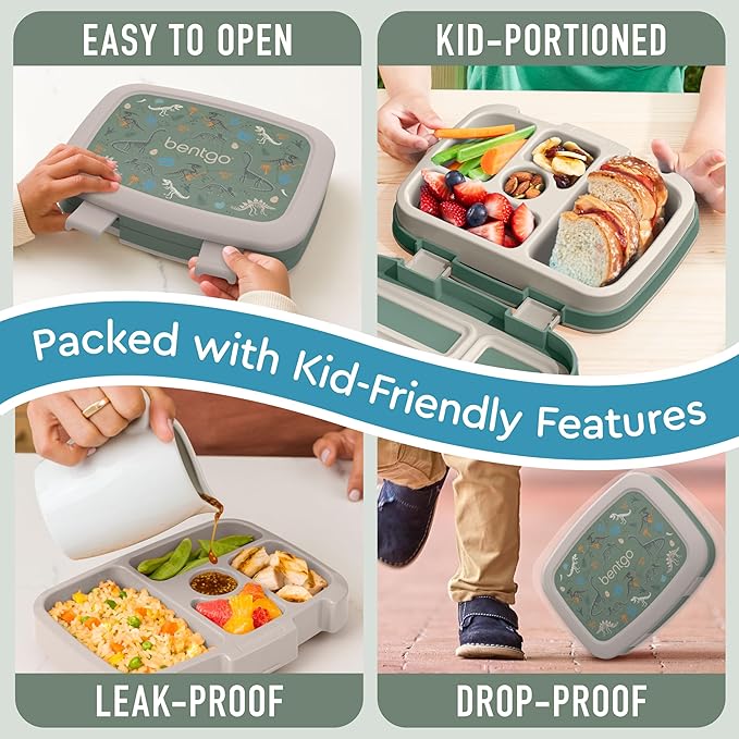 Bentgo Kids Prints Leak-Proof, 5-Compartment Bento-Style Kids Lunch Box - Ideal Portion Sizes for Ages 3-7, Durable, Drop-Proof, Dishwasher Safe, & PFAS & BPA-Free Materials (Dino Fossils)