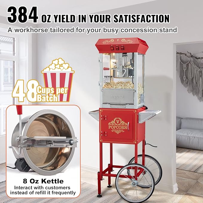 VEVOR Commercial Popcorn Machine, 8 Oz Kettle, 850 W Popcorn Maker on Wheels for 48 Cups per Batch, Theater Style Popper with 3-Switch Control Steel Frame Tempered Glass Doors Cart 1 Scoop 2 Spoons