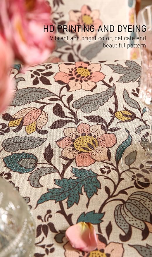 ISAENNE Designer Boho Floral Rectangular Tablecloth,Linen Lotus Flower Pattern Colorful Indoor Table Cloth,Durable Decor Tablecloths for Dining Thanksgiving Kitchen Christmas,55"*87"-Hazel A