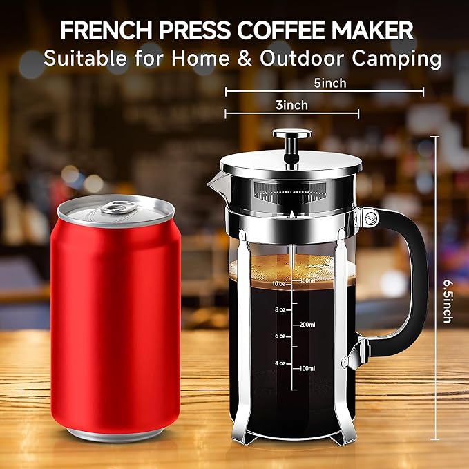 French Press Coffee Maker 304 Stainless Steel Coffee Press,with 4 Filters System, Heat Resistant Thickness Borosilicate French Press Glass, BPA-Free Brewed Tea Pot Coffee Plunger(Copper 12oz)