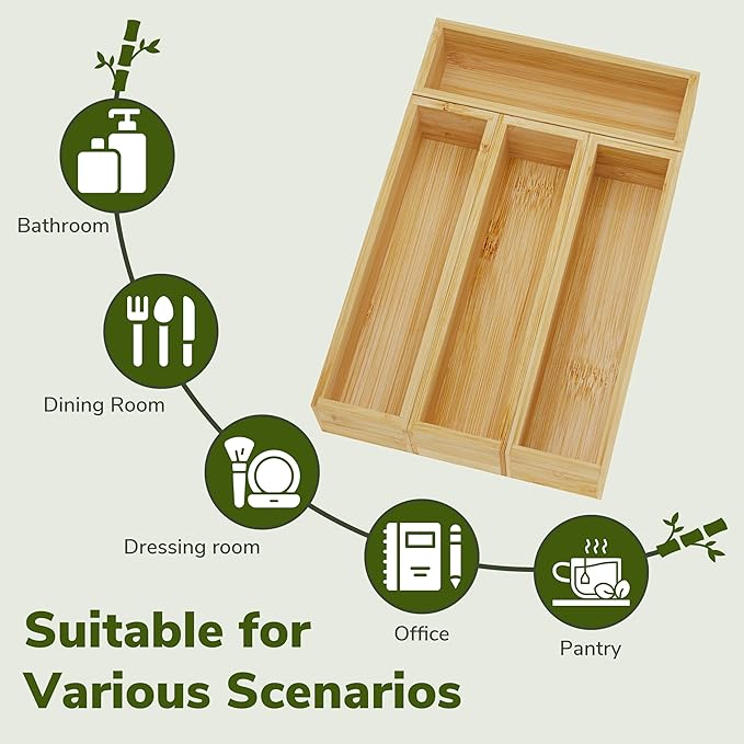 BAMEOS Silverware Organizer, Utensil Drawer Organizer, 4 Slots Kitchen Drawer Organizer, Bamboo Flatware Organizer for Drawer in Natural