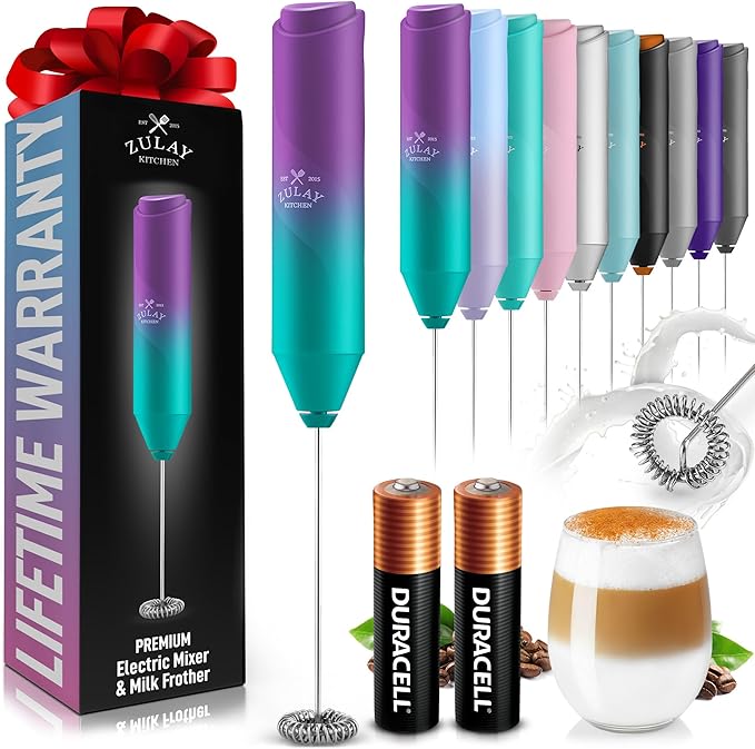 Zulay Kitchen Milk Frother Handheld with 2 Duracell AA Batteries – Electric Drink Mixer for Coffee, Lattes, Cappuccinos, Matcha & Hot Chocolate – Portable Foam Maker & Coffee Bar Accessory