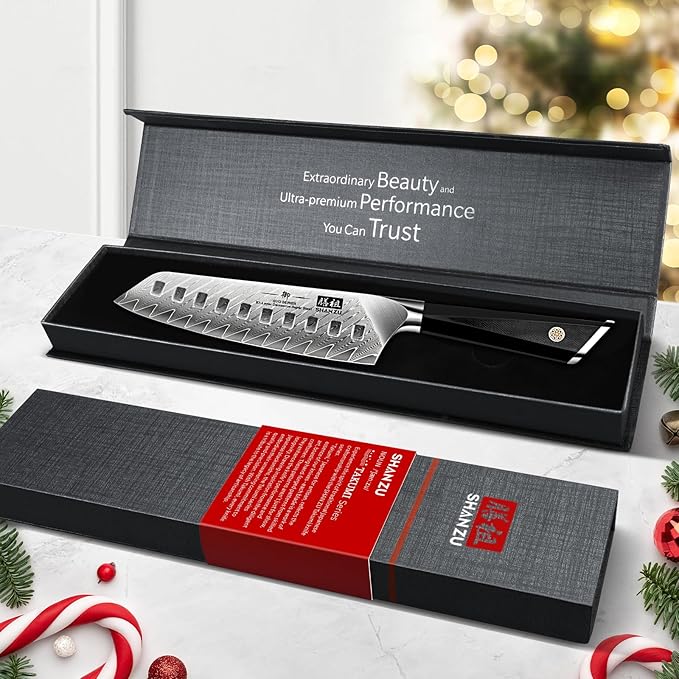 SHAN ZU Damascus Chef Knife Santoku Knife 7 Inch Professional Multifunction Kitchen Knives, 67 Layers Damascus Stainless Steel 10Cr15CoMoV Super Sharp Cooking Knife with G10 Handle/Gift Box