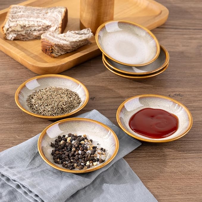 LERATIO Ceramic Soy Sauce Dishes of 6, Reactive Glaze Dipping Sauce Cups/Bowls for Kitchen, 3oz Small Bowls for Side Dishes, Snacks, Sushi, Condiment, Dishwasher Safe - Khaki