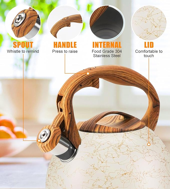 3.2 Quart Whistling Tea Kettle Stovetop, Stainless Steel Tea pot with Wood Grain Handle, Loud Whistle Kettle for Boiling Water, Coffee & Milk, Easy-Pour Spout Classic Design (Off-white)