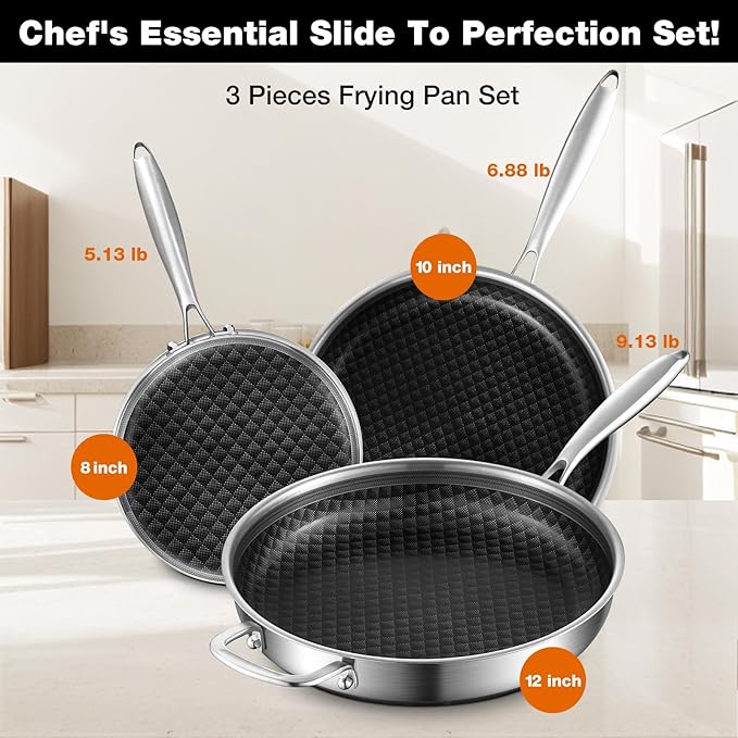 12-Inch Non Stick Frying Pans, Ceramic Coating NonStick Stainless Steel Pan Set, Tri-Ply Skillets and Pan Set with Lid, Cool-Touch Handle, Dishwasher and Oven Safe