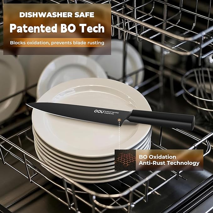 OOU Kitchen Knife Block Set - 15 Pieces High Carbon Stainless Steel Chef Knife Sets, Anti-Rust Black Knives Set with Built-in Sharpener Block, Walnut