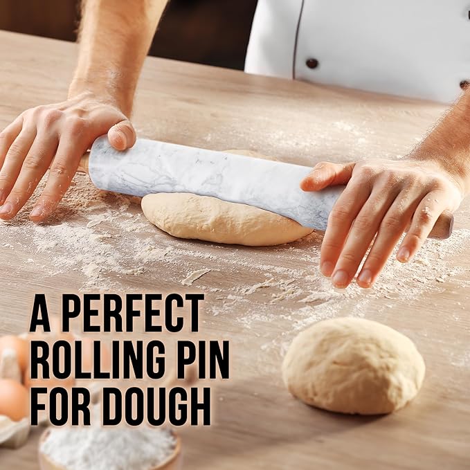 Zulay Kitchen 17-Inch Marble Rolling Pin With Stand - Polished Marble Rolling Pins For Baking With Long Beechwood Handle - Non-stick Roller Pin For Baking Pastries, Bread & Pizza