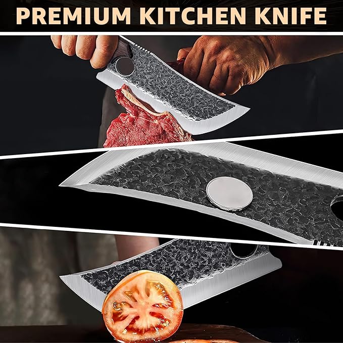 Hand Forged Meat Cleaver Knife Fathers Butcher Knives for Meat Cutting Full Tang Chef Knife with Belt Sheath and Gift Box High Carbon Steel for Kitchen or Camping, Gift for Dad
