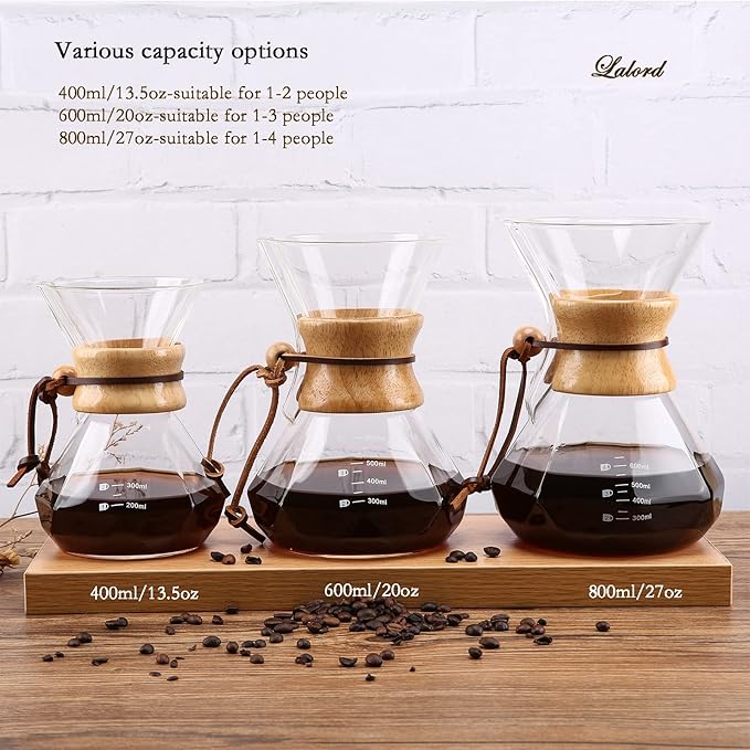 Pour Over Coffee Maker with Stainless Steel Filter, Borosilicate Glass Coffee Carafe, Modern Wooden Collar, Coffee Maker Carafe, Hold 2 Cups, 400 ml/13.5 oz, Clear