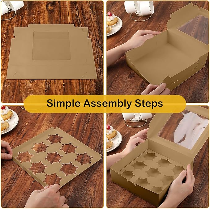 9-Count Cupcake Boxes with Window and Insert, 9x9x3 Inch, Brown, Suitable for Cupcakes, Muffins, and Cookies, 8 Pack
