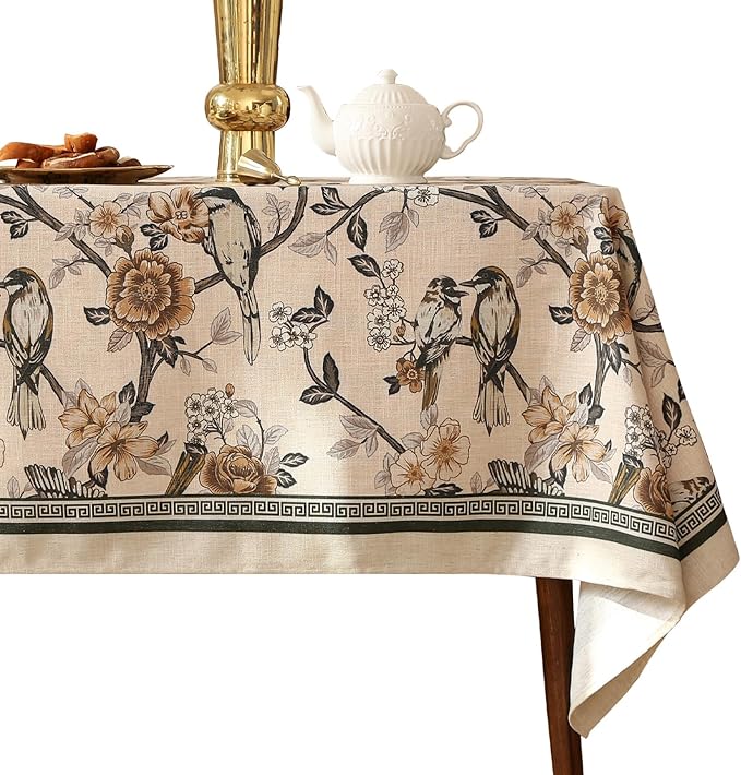ISAENNE Designer Vintage Linen Long Rectangle Tablecloth,Floral and Bird Pattern Elegant Table Cloth,Fall Wrinkle Resistant Decor Tablecloths for Dining Kitchen Christmas,63"*102"-Murad A