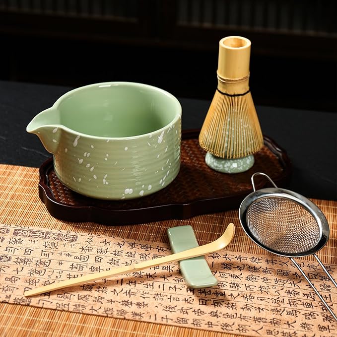 Matcha Bowl and Whisk Set, Ceramic Matcha Set Includes Matcha Bowl with Spout, Whisk & Holder, Bamboo Scoop, Stainless Sifter, Towel, Matcha Kit Making Tools,Light Green,7 PCS