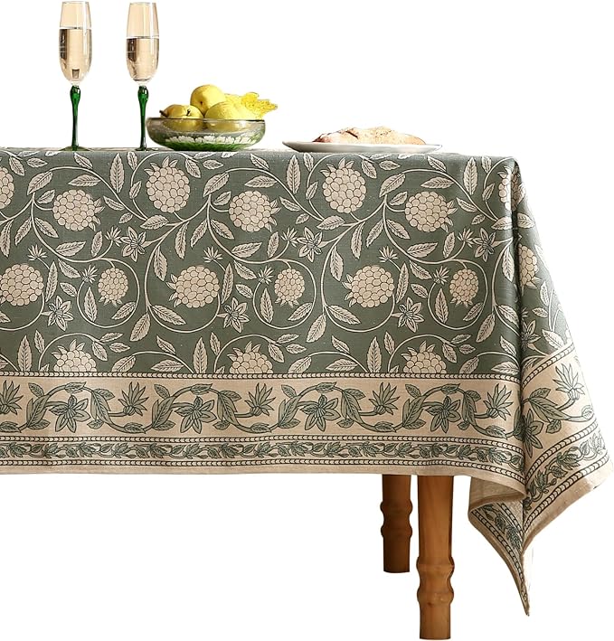 ISAENNE Designer Grayish Green Linen Long Rectangle Tablecloth,Floral Stain Resistant Table Cloth,Fall Vintage Decor Tablecloths for Dining Thanksgiving Kitchen Party,63"*102"-Andrew A