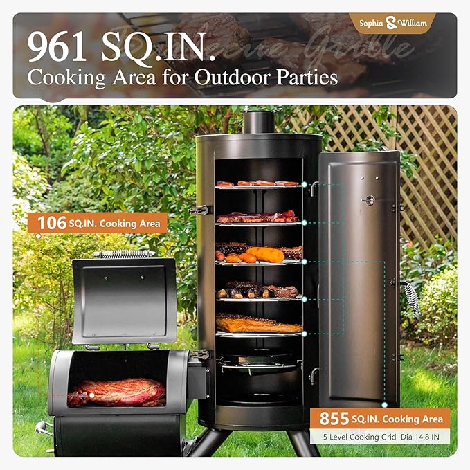 Sophia & William Heavy-Duty Vertical Offset Charcoal Smoker Extra Large Outdoor BBQ Gill with Offset Smoker, 961 SQ.IN. Cooking Area with Warming Tray,Push-out Ash Tray for Event Gathering, Black