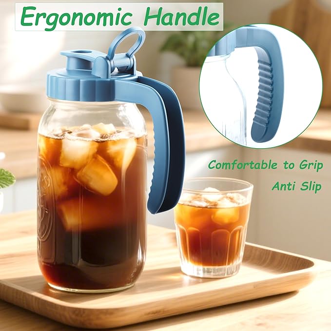 Mason Jar Pitcher With Stainless Steel Filter 64 OZ Wide Mouth Cold Brew Coffee Maker 2 Quart Glass water pitcher with lid Half Gallon Cold hot Tea maker For Lemonade Milk Juice Refrigerator