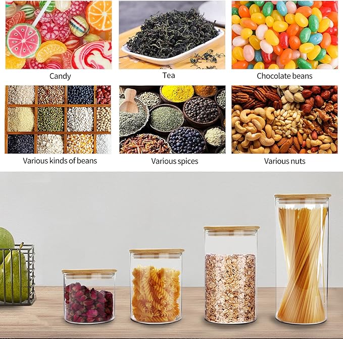 SIXAQUAE Glass Food Storage Containers Jar Seal Bamboo Lids 4 Packs 600ml Airtight Canister Organization Sets Stackable…