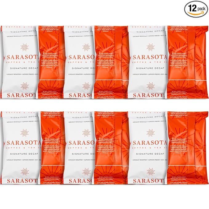 Sarasota Coffee Ground Packets | Gourmet Decaf Medium-Dark Roast Ground Coffee Packs | Decaf | Low Acid Mold Free Individual Single Pot Pouches for 12 Cup Coffee Maker | 2 Ounce Bags, 12 Count