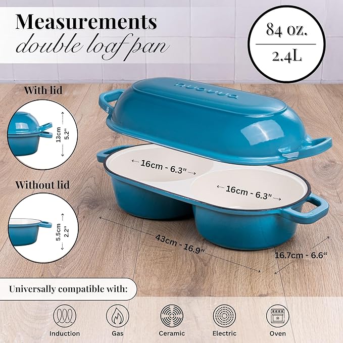 nuovva Dutch Oven For Sourdough Bread Baking – Enamelled Cast Iron Bread Loaf Pot – 500°F Oven Safe Non Stick Bread Pot – Double Round Loaf Space, 16.5cm Diameter, Light Blue