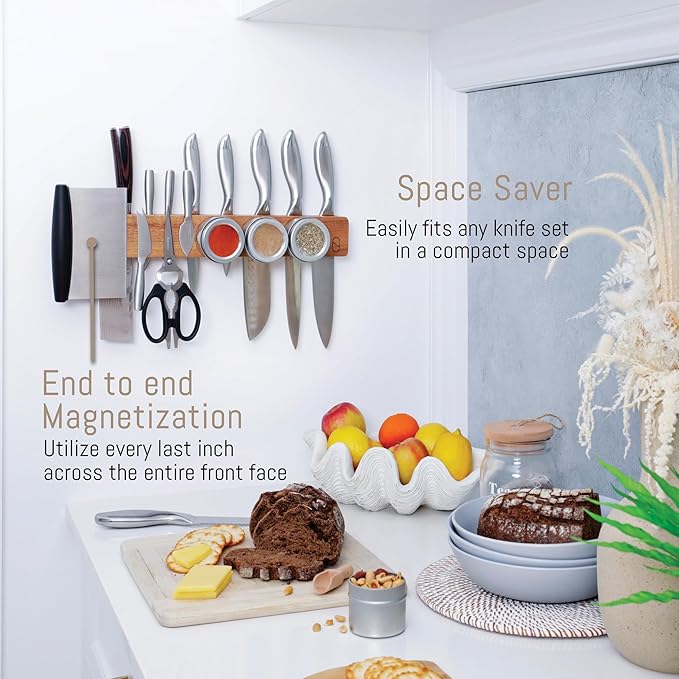 Premium 24 inch Magnetic Knife Holder for Wall with 2x Storage & Charming Wood - Knife Magnetic Strip, Under Cabinet Magnet Knives Storage - Magnet Strip Rack Kitchen Utensil Holder Organizer Tool